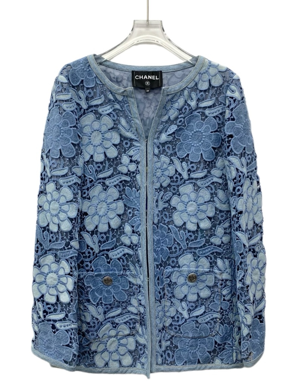 Chanel Blue Camellia Openwork Lace-Embroidered Cotton Long-Sleeve Jacket